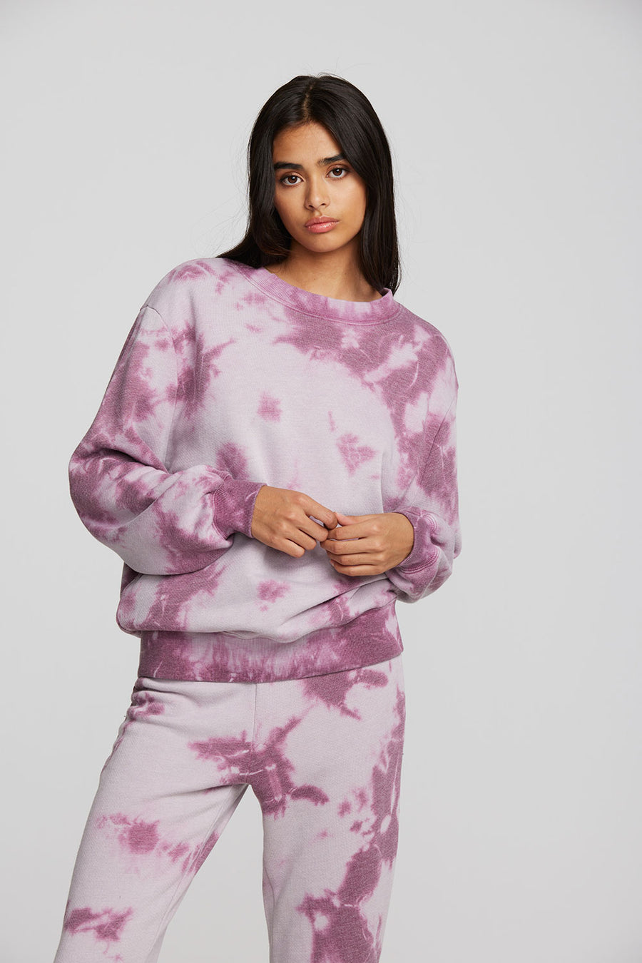 Zuma Cotton Terry Crewneck Pullover with Distressed Detail Long Sleeve Womens chaserbrand