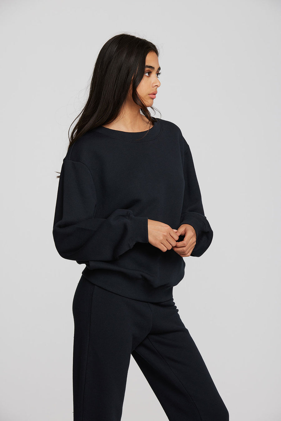 Zuma Cotton Terry Crewneck Pullover with Distressed Detail Long Sleeve Womens chaserbrand