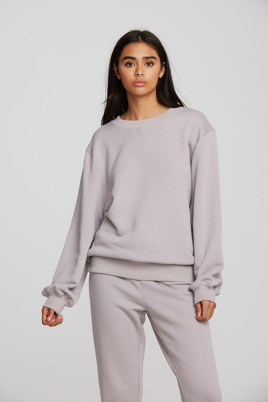 Zuma Cotton Terry Crewneck Pullover with Distressed Detail Long Sleeve Womens chaserbrand