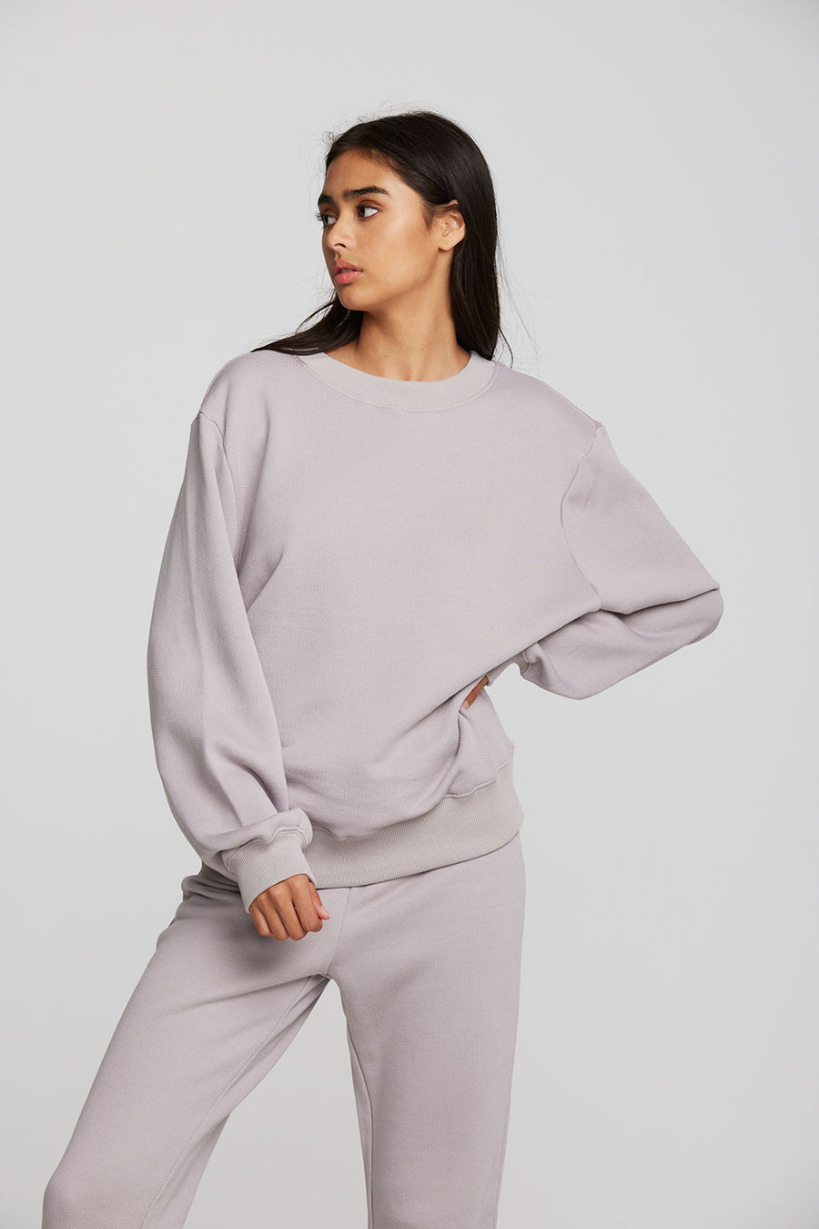 Zuma Cotton Terry Crewneck Pullover with Distressed Detail Long Sleeve Womens chaserbrand