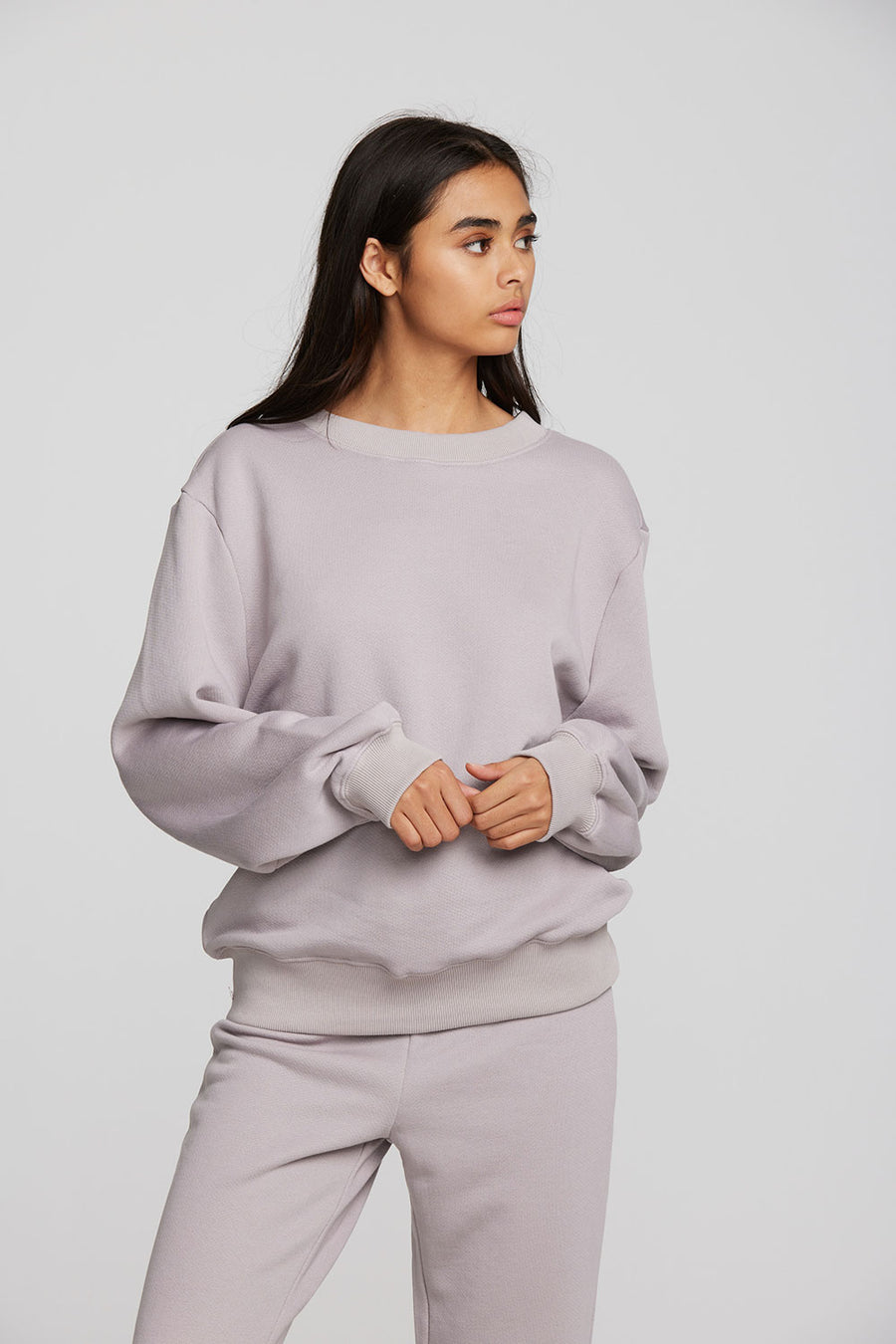 Zuma Cotton Terry Crewneck Pullover with Distressed Detail Long Sleeve Womens chaserbrand