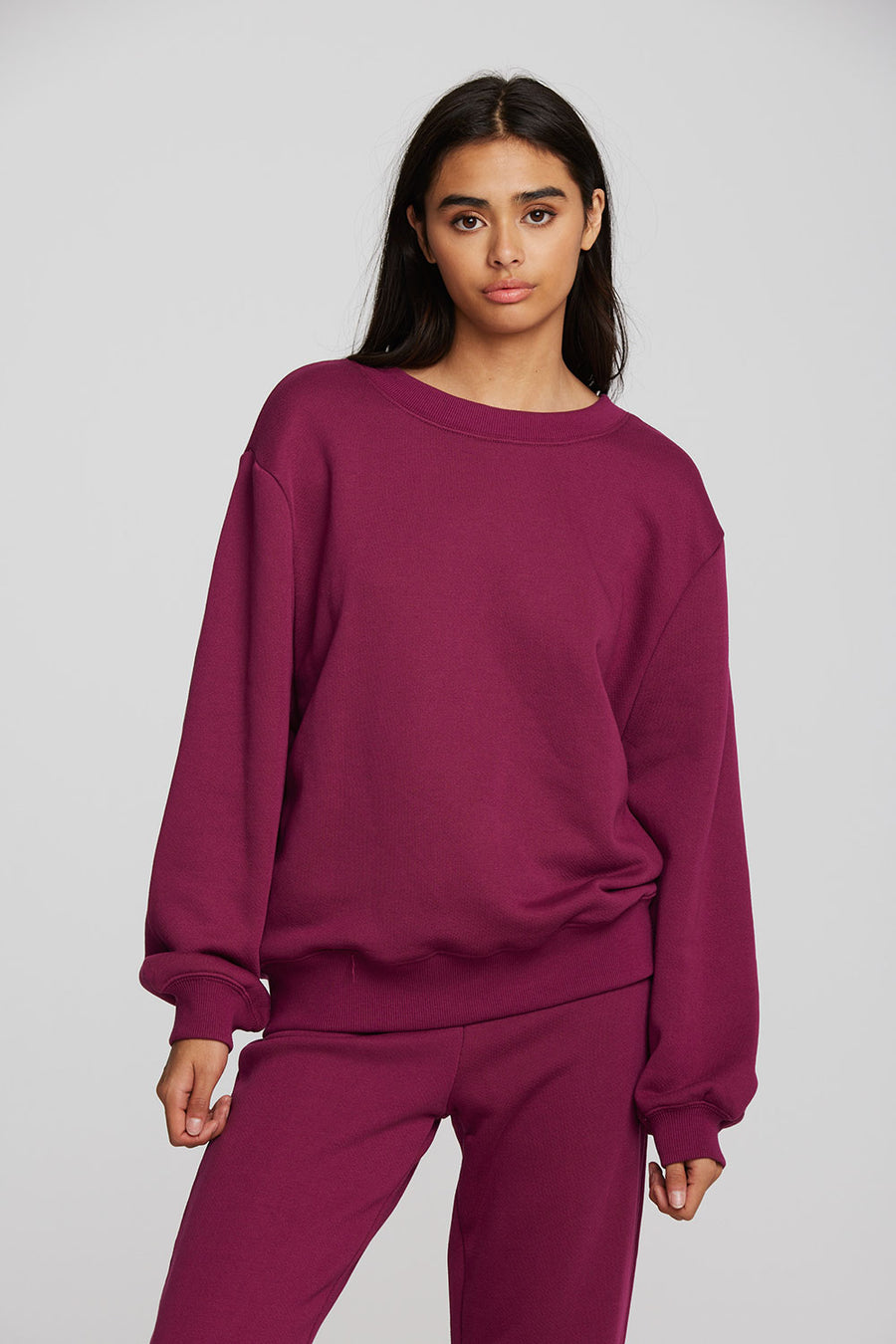 Zuma Cotton Terry Crewneck Pullover with Distressed Detail Long Sleeve Womens chaserbrand