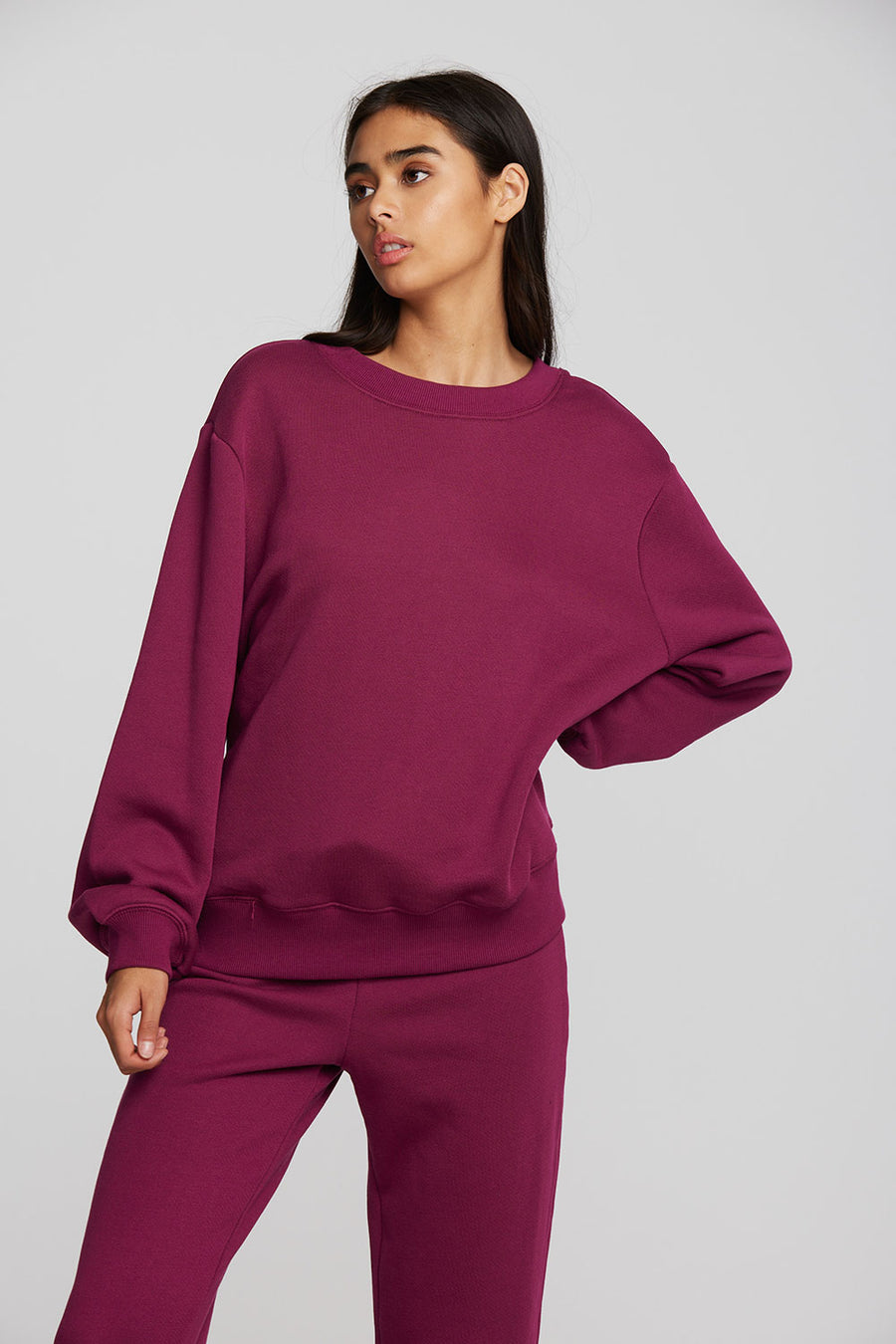 Zuma Cotton Terry Crewneck Pullover with Distressed Detail Long Sleeve Womens chaserbrand