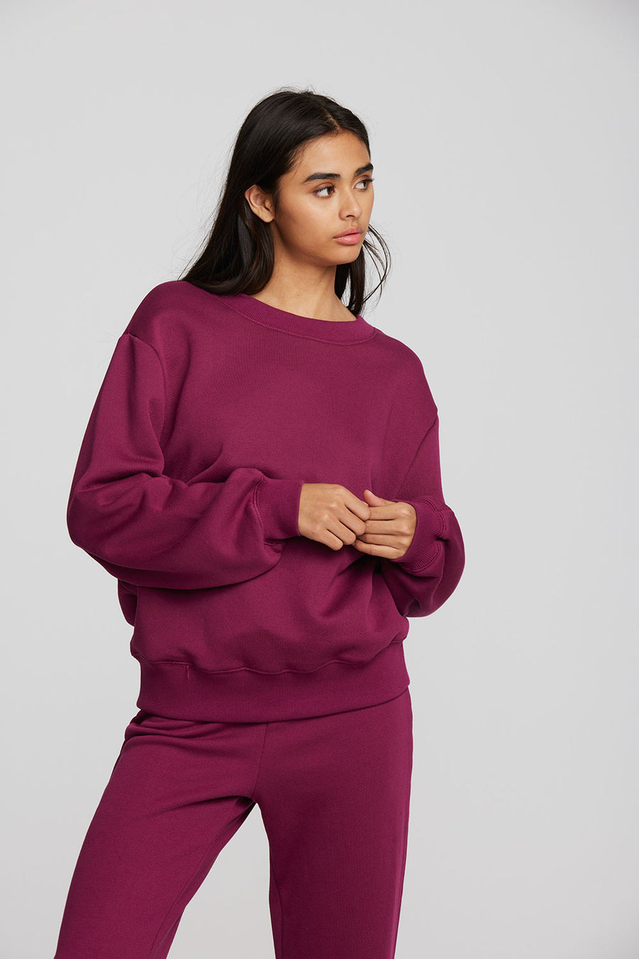 Zuma Cotton Terry Crewneck Pullover with Distressed Detail Long Sleeve Womens chaserbrand