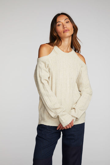 Sequin Knit Cold Shoulder Sweater Womens chaserbrand