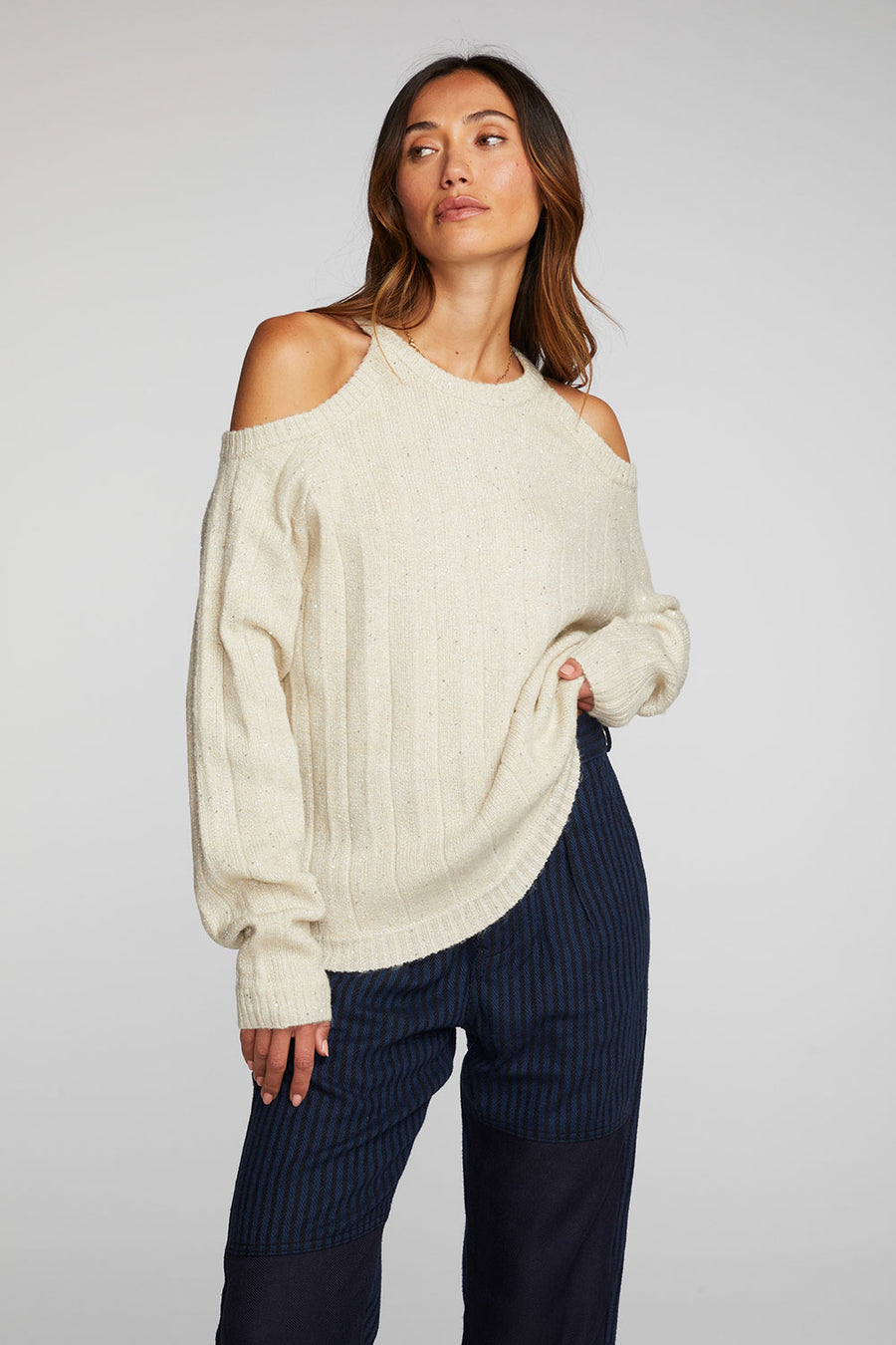 Sequin Knit Cold Shoulder Sweater Womens chaserbrand