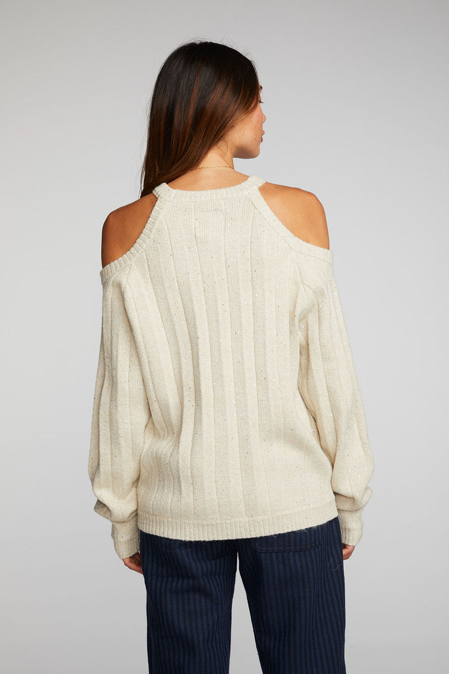 Sequin Knit Cold Shoulder Sweater Womens chaserbrand