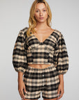 Flannel Puff Sleeve Cropped Blouse Womens chaserbrand