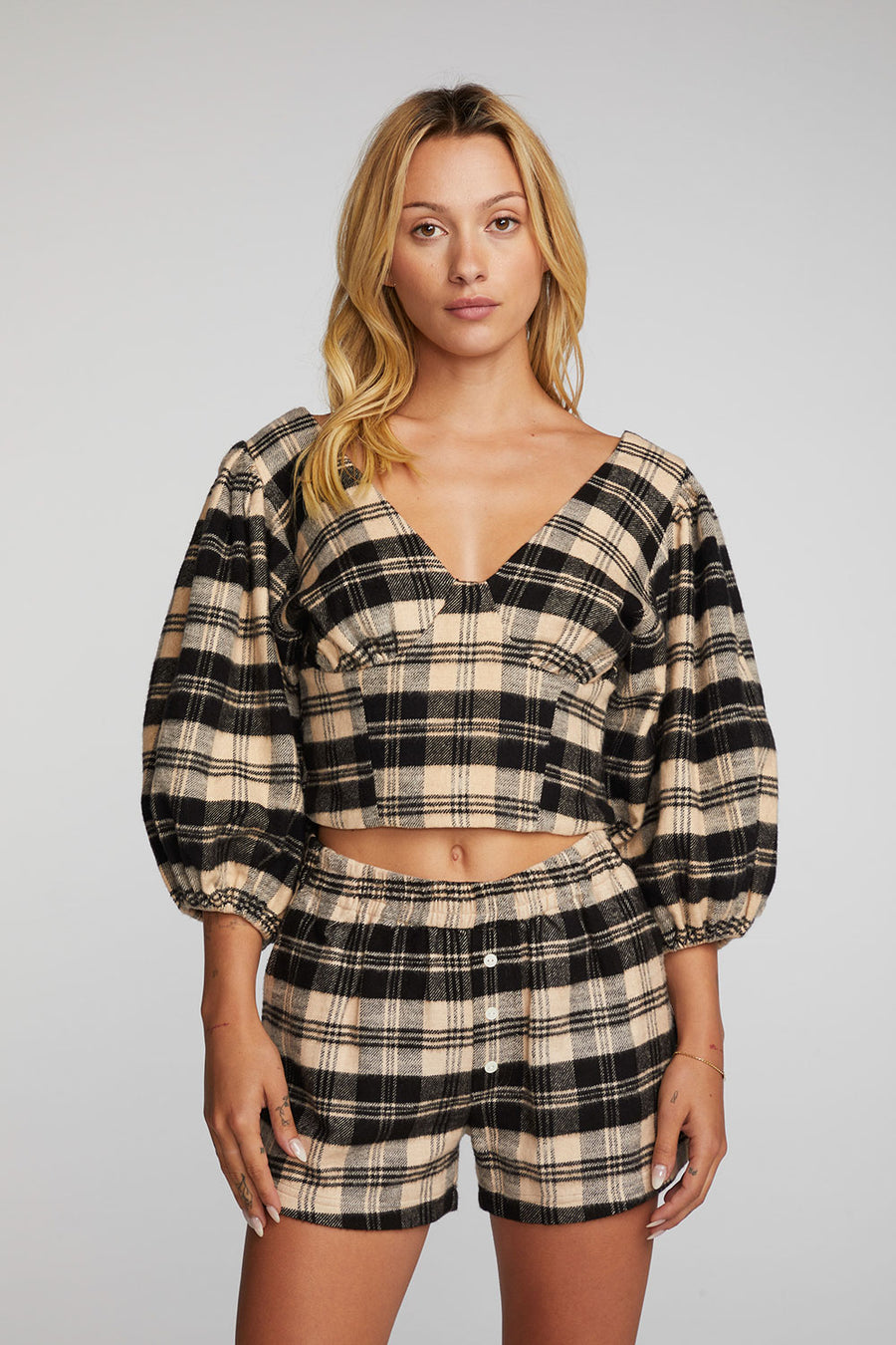 Flannel Puff Sleeve Cropped Blouse Womens chaserbrand