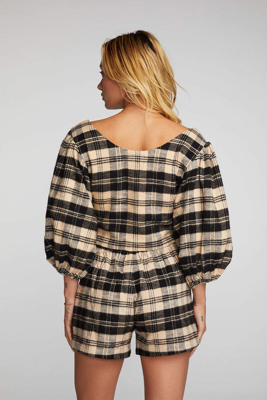 Flannel Puff Sleeve Cropped Blouse Womens chaserbrand