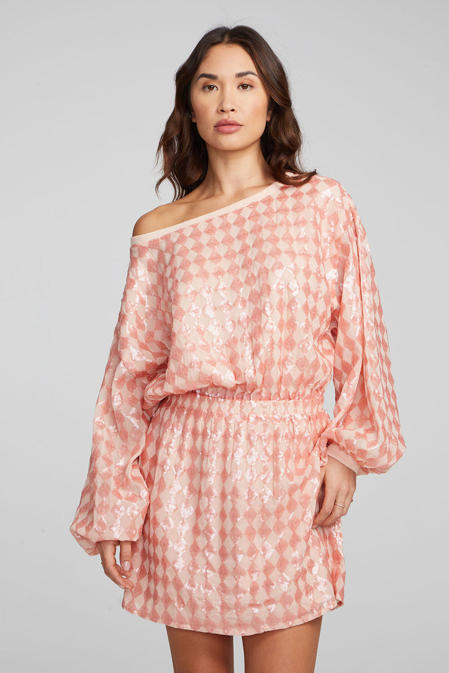 Cooper Long Sleeve Mini Dress Embellished Check Womens chaserbrand