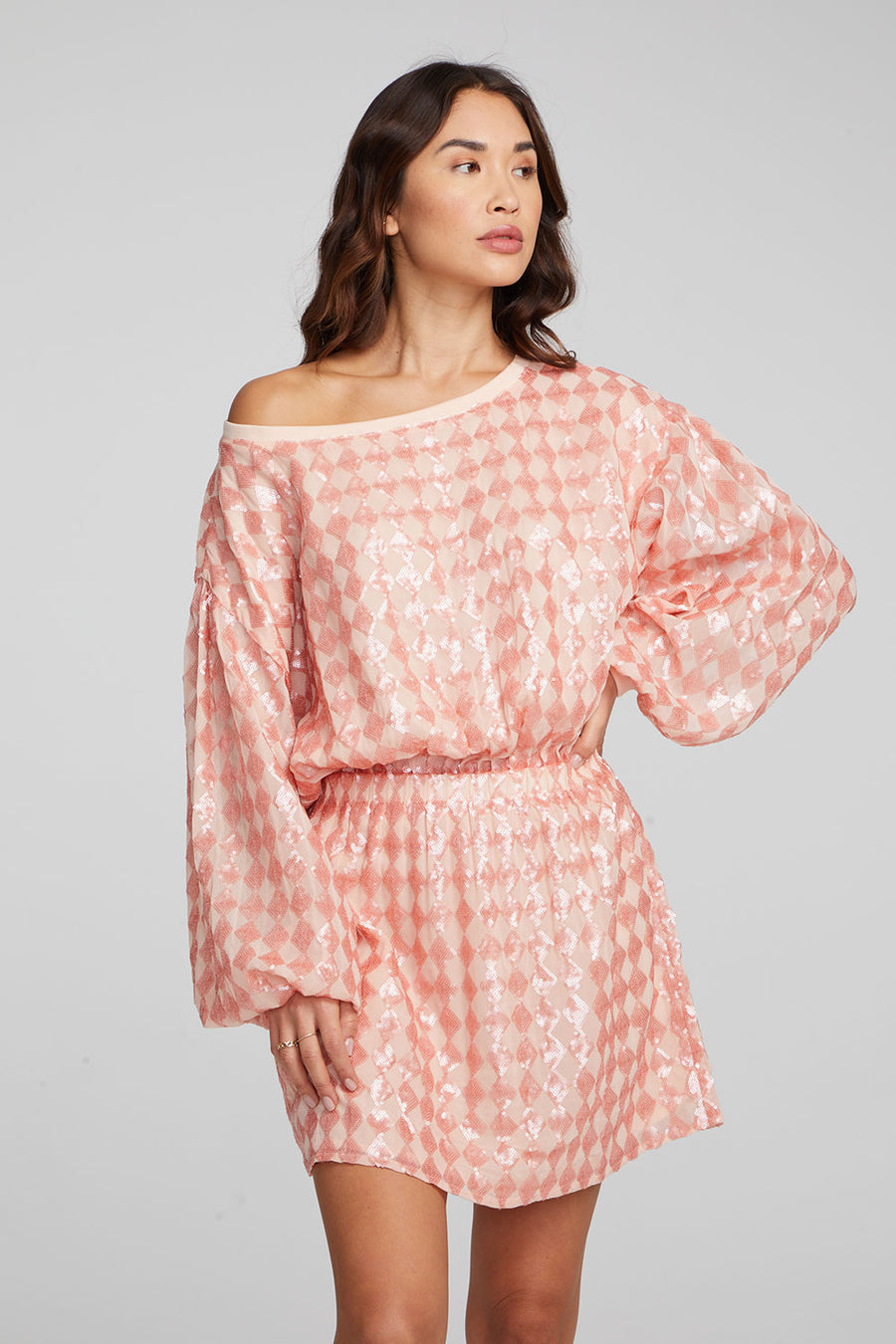 Cooper Long Sleeve Mini Dress Embellished Check Womens chaserbrand