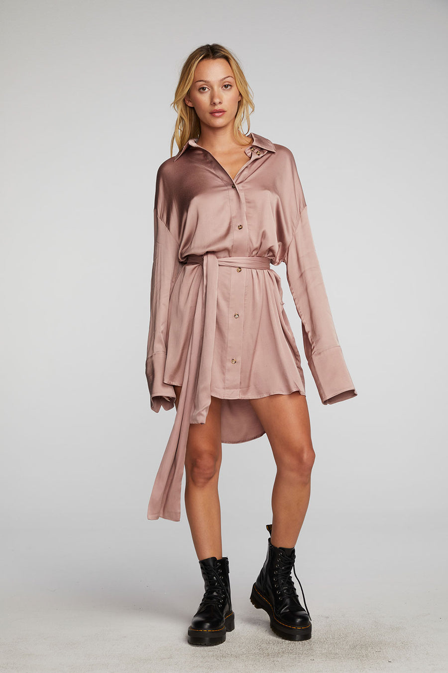 Stretch Silky Woven Shirt Dress Womens chaserbrand