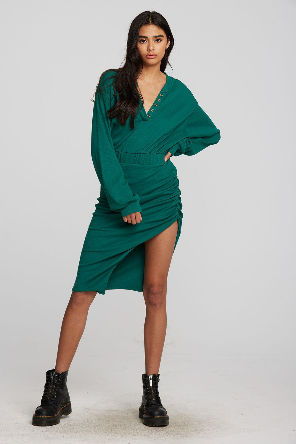 Recycled Vintage Rib Midi Dress with Shirring And Side Slit Womens chaserbrand