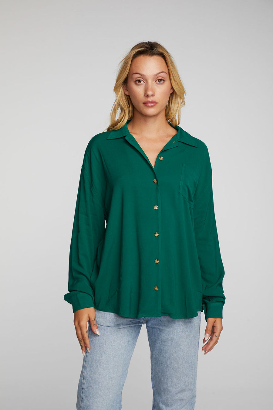Rayon Woven Long Sleeve Button Down Womens chaserbrand