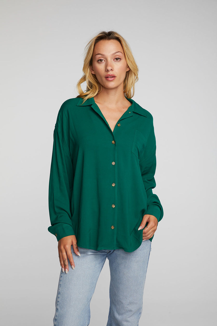 Rayon Woven Long Sleeve Button Down Womens chaserbrand