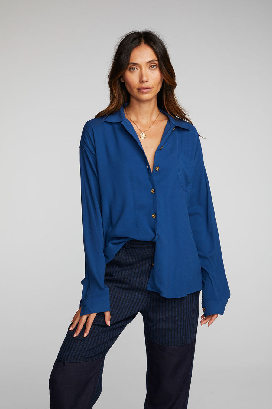 Rayon Woven Long Sleeve Button Down Womens chaserbrand