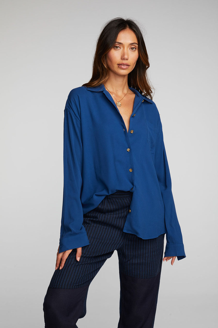 Rayon Woven Long Sleeve Button Down Womens chaserbrand