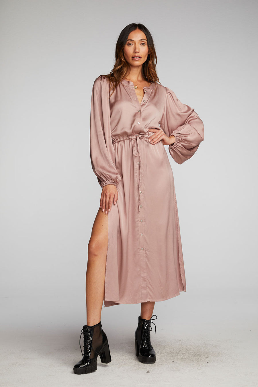 Cabrillo Midi Dress Stretch Silky Woven Button Down Shirt Dress Womens chaserbrand