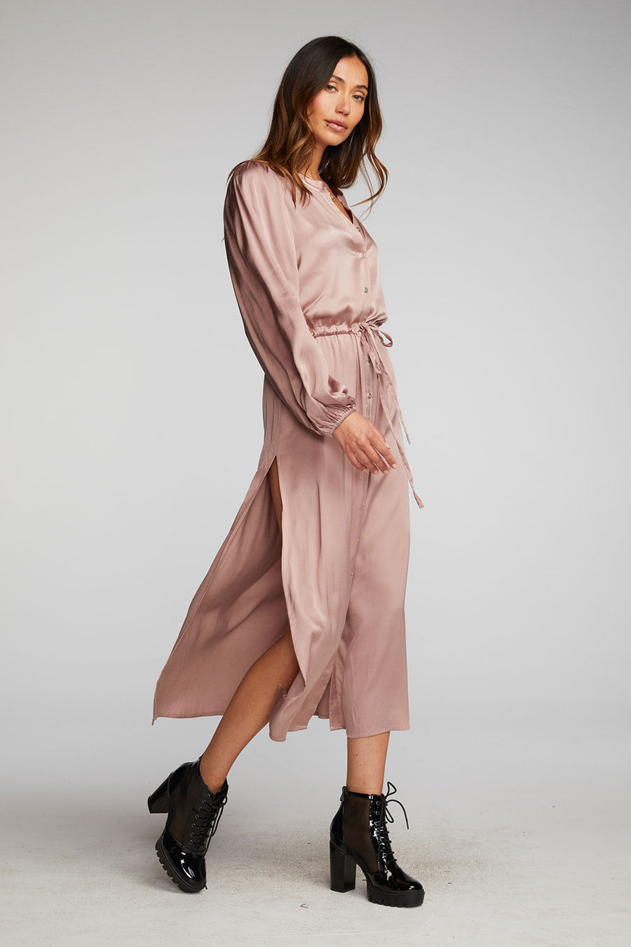Cabrillo Midi Stretch Silky Woven Button Down Shirt Dress Womens chaserbrand