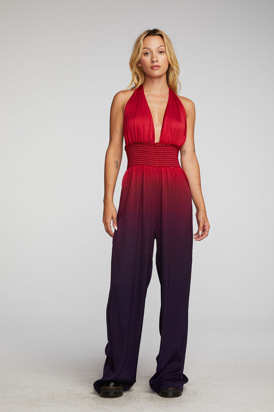 Stretch Silky Woven Halter Jumpsuit Womens chaserbrand