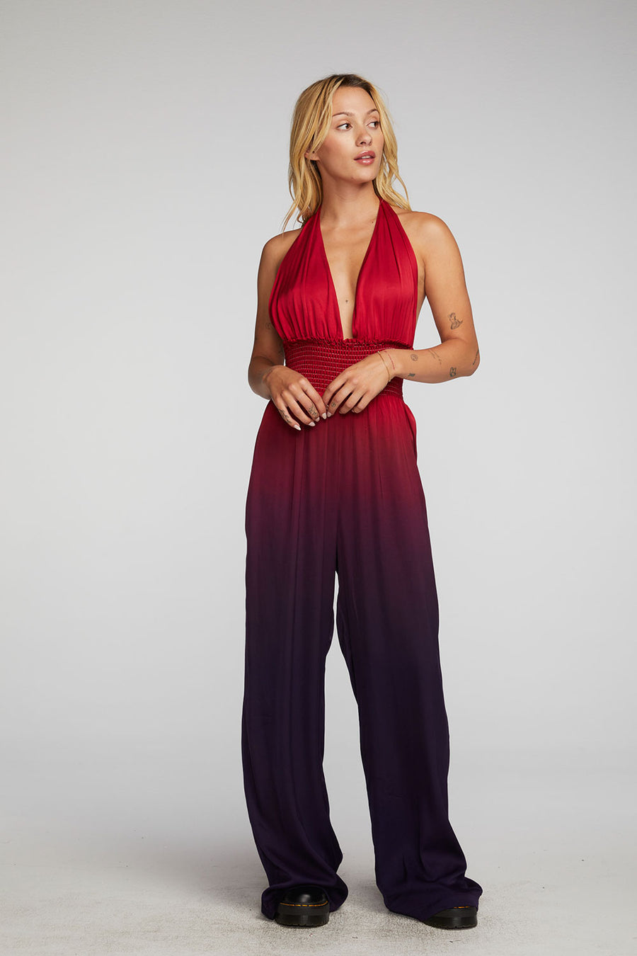 Stretch Silky Woven Halter Jumpsuit Womens chaserbrand