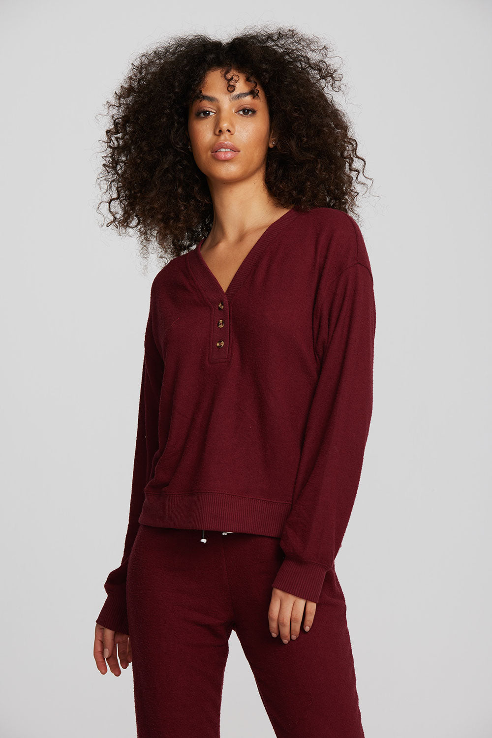Recycled Bliss Knit Long Sleeve Henley with Rib Womens chaserbrand