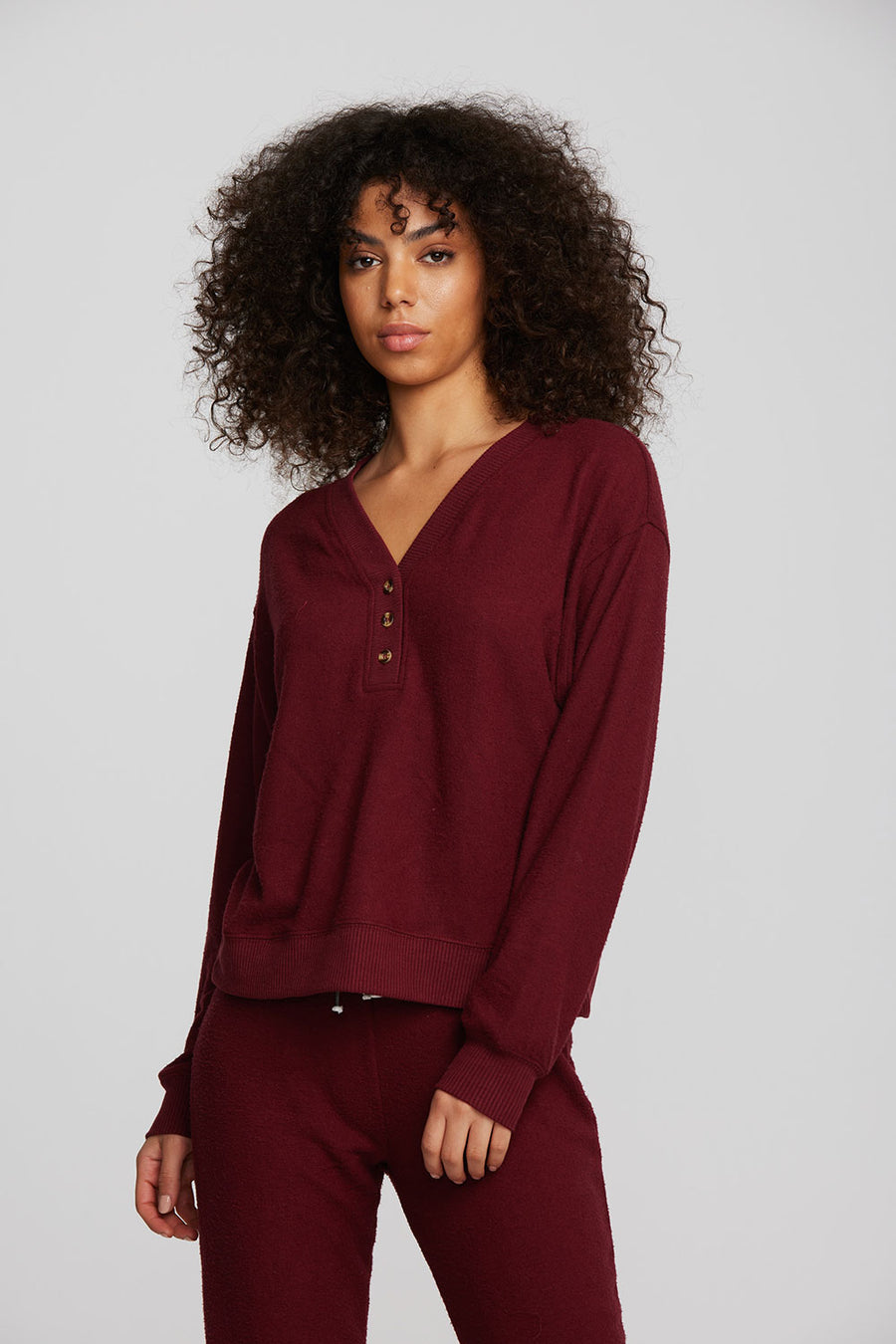 Recycled Bliss Knit Long Sleeve Henley with Rib Womens chaserbrand