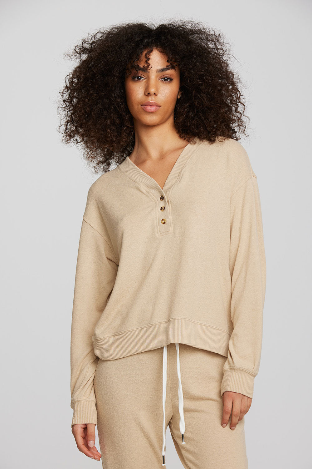 Recycled Bliss Knit Long Sleeve Henley with Rib Womens chaserbrand