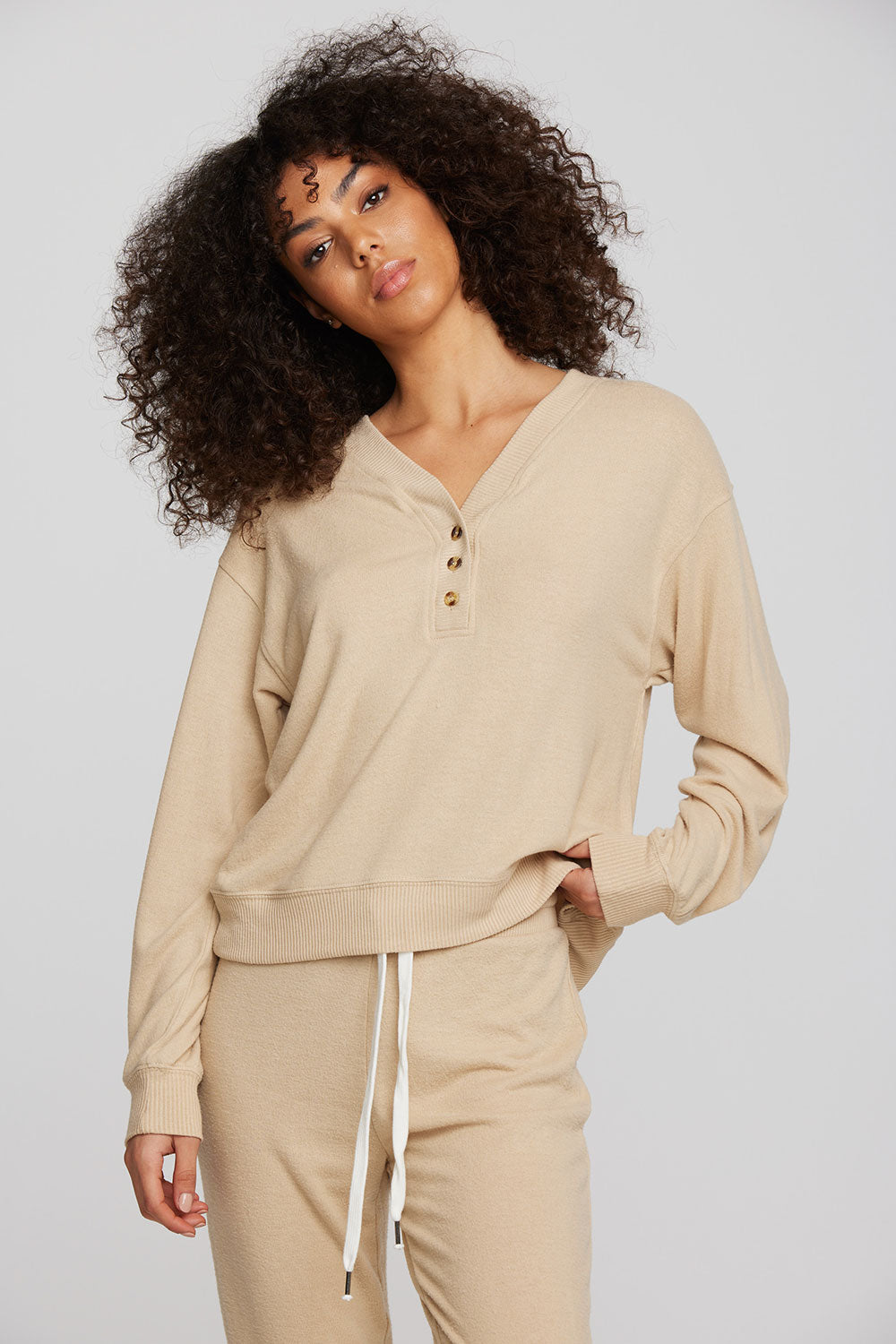 Recycled Bliss Knit Long Sleeve Henley with Rib Womens chaserbrand