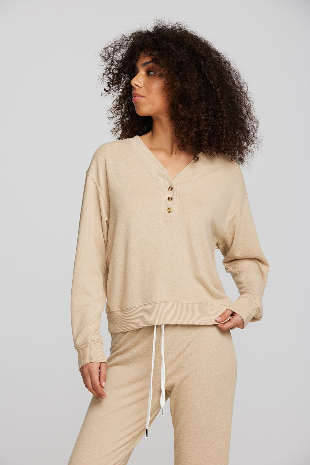 Recycled Bliss Knit Long Sleeve Henley with Rib Womens chaserbrand