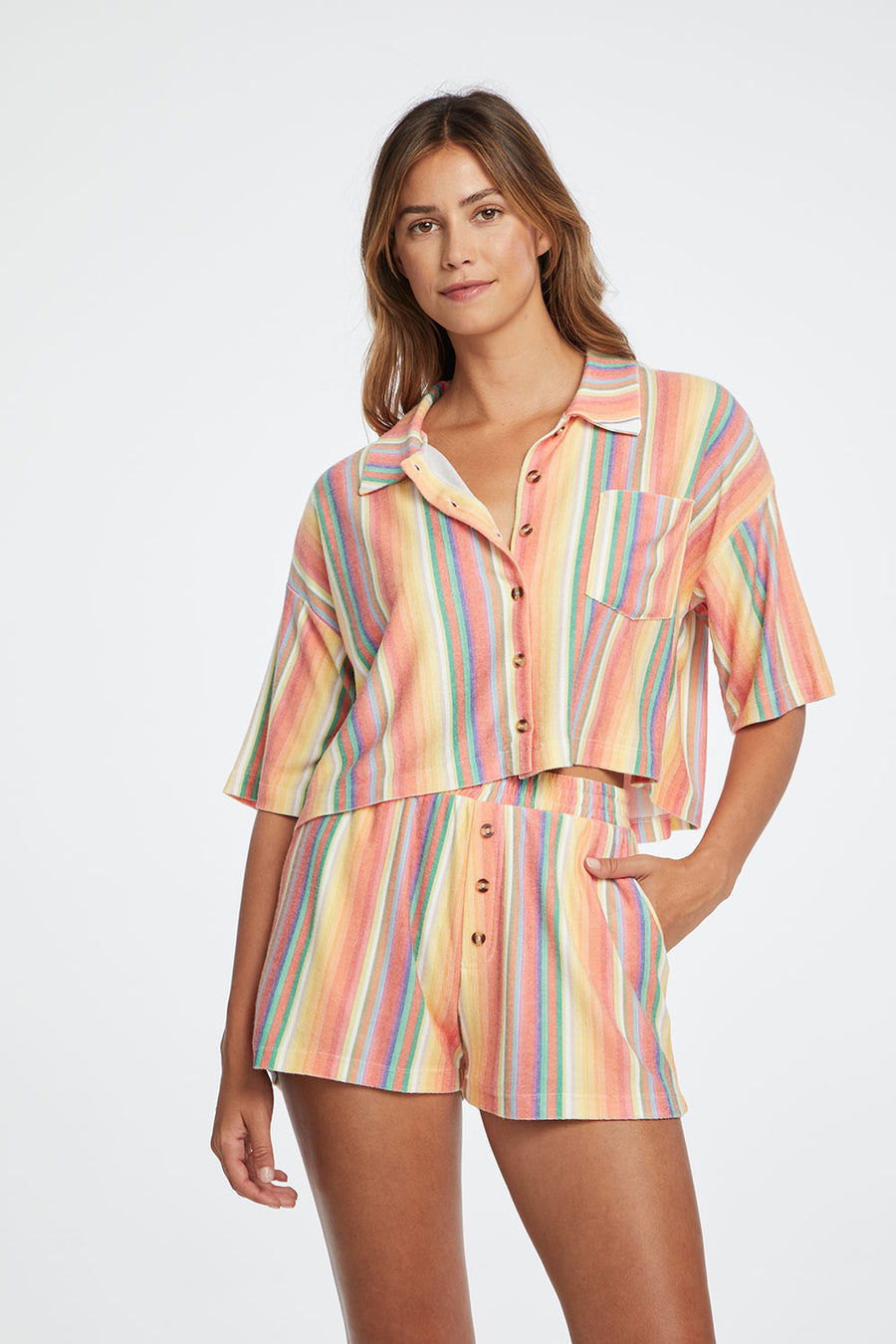 Marine Crop Button Down - Horizon Stripe WOMENS chaserbrand