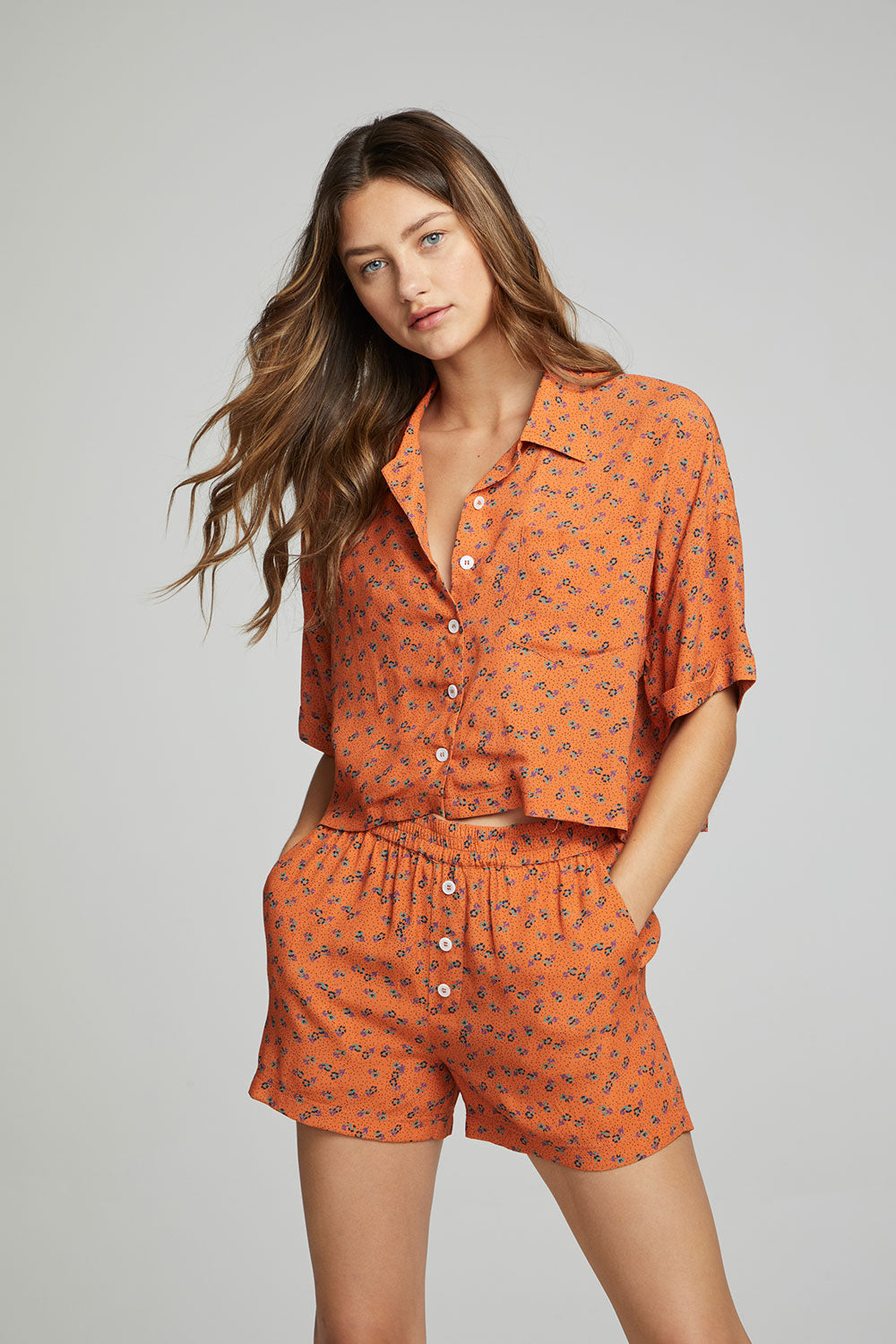 Marine Crop Button Down - Tigerlily Floral Print WOMENS chaserbrand