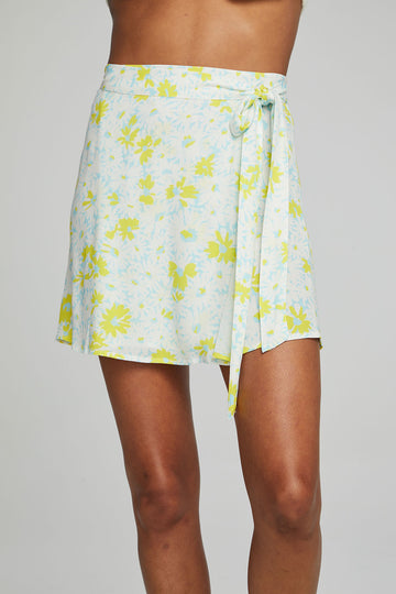 Fleet Wrap Mini Skirt - Baby Blue Daisy Floral WOMENS chaserbrand