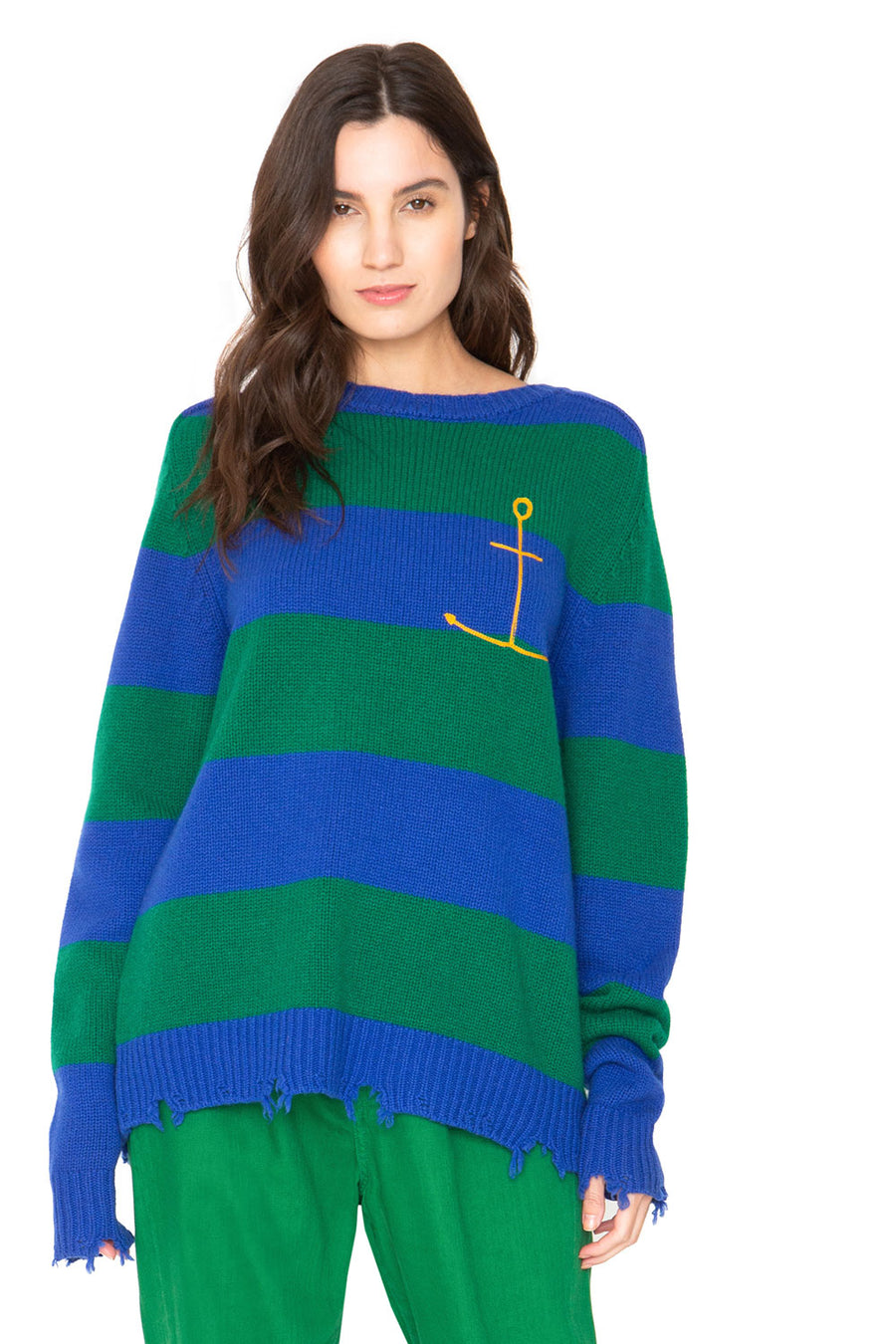 Anchor Cashmere Sweater - Green and Blue Stripe WOMENS chaserbrand