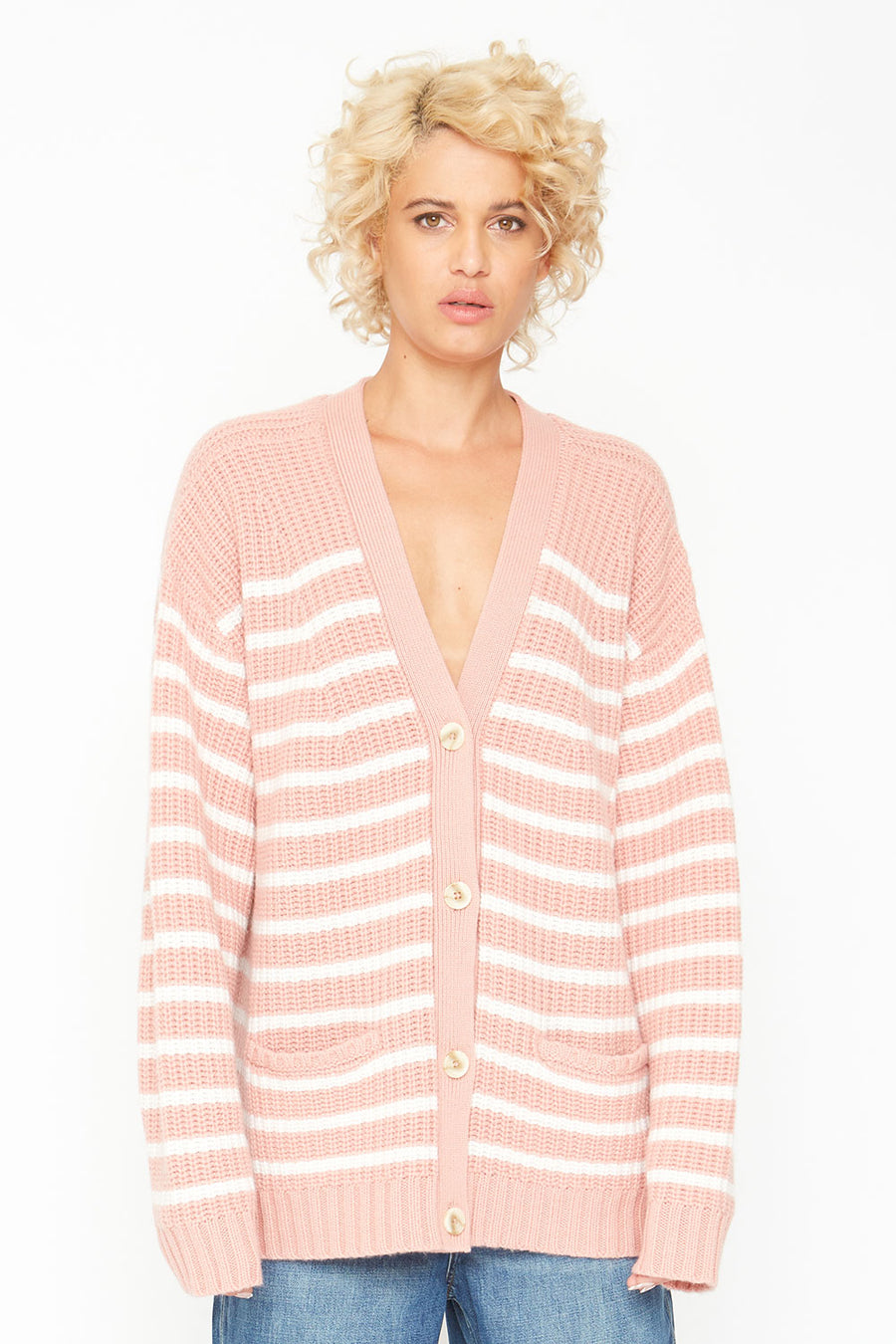 Grandpa Cardigan Sweater - Pink and White Stripe WOMENS chaserbrand