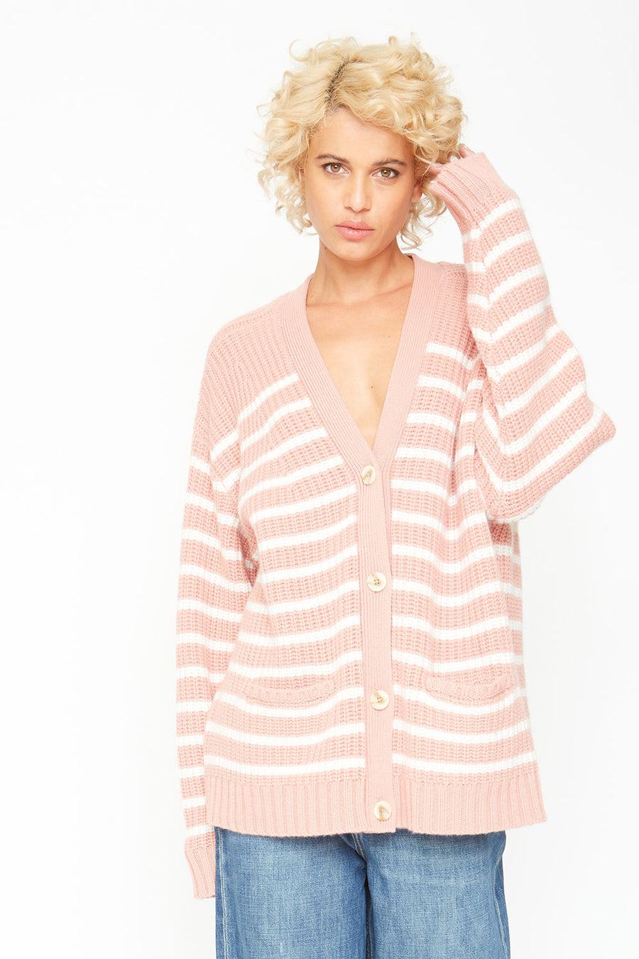 Grandpa Cardigan Sweater - Pink and White Stripe WOMENS chaserbrand