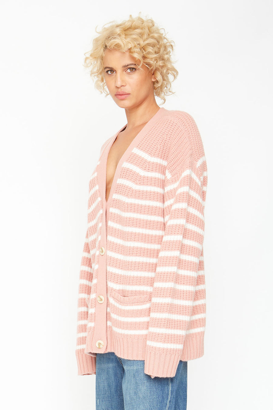 Grandpa Cardigan Sweater - Pink and White Stripe WOMENS chaserbrand