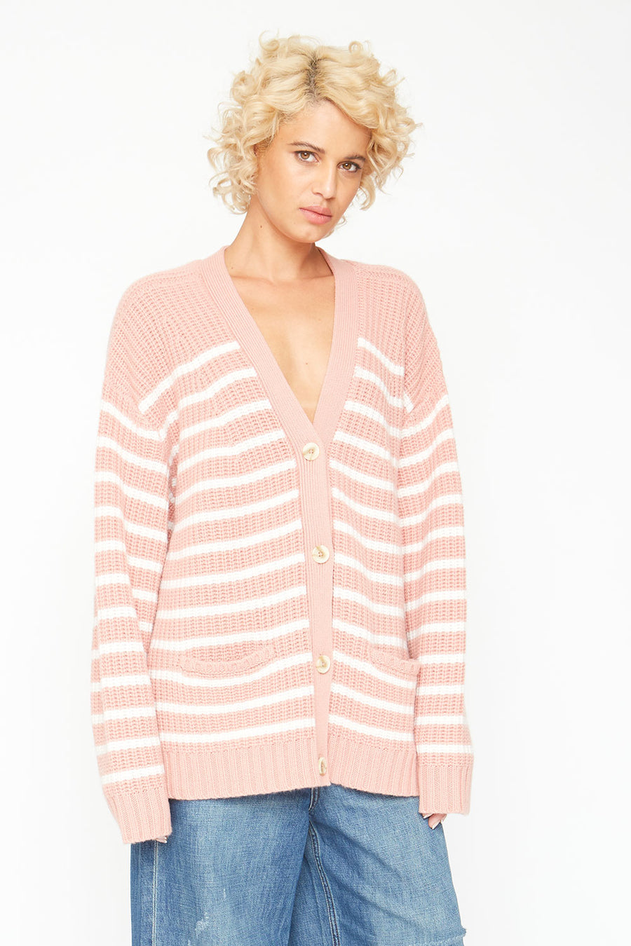 Grandpa Cardigan Sweater - Pink and White Stripe WOMENS chaserbrand