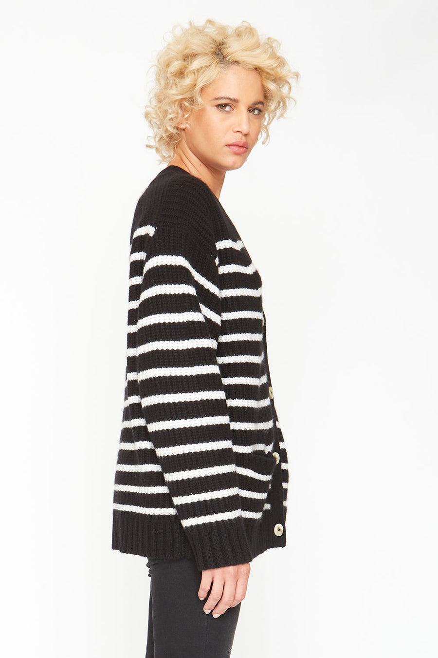 Grandpa Cardigan Sweater - Black and White Stripe WOMENS chaserbrand